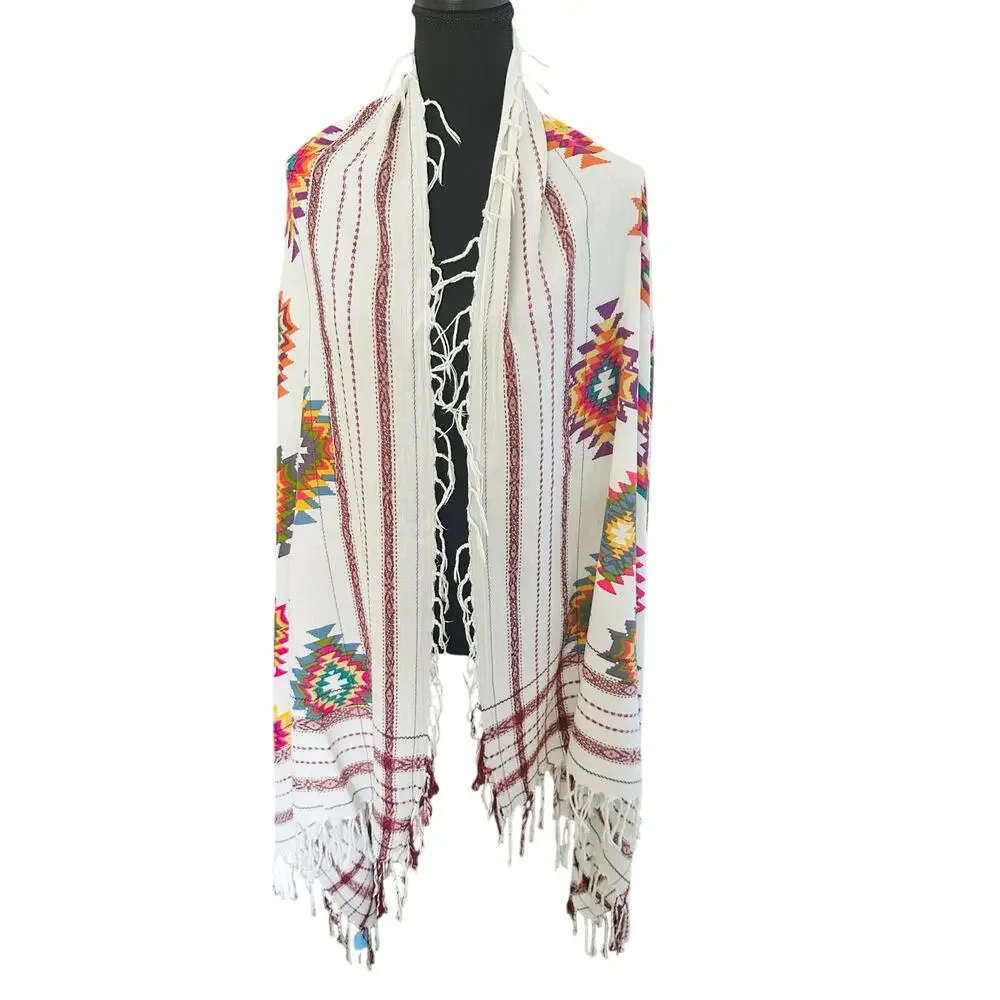 Vismaya White Multi-Color Geometric Aztec Fringe Shawl Scarf Wrap